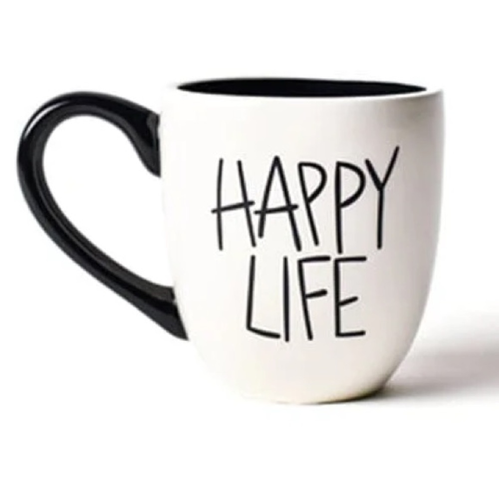 NWT Coton Colors Laura Johnson HAPPY LIFE Coffee/Tea 16oz Mug/Cup Blk/White (1)